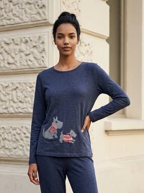 EUC Talbots Women’s Navy Blue Long Sleeve Crew Neck Scotty Dog Motif - Size M
